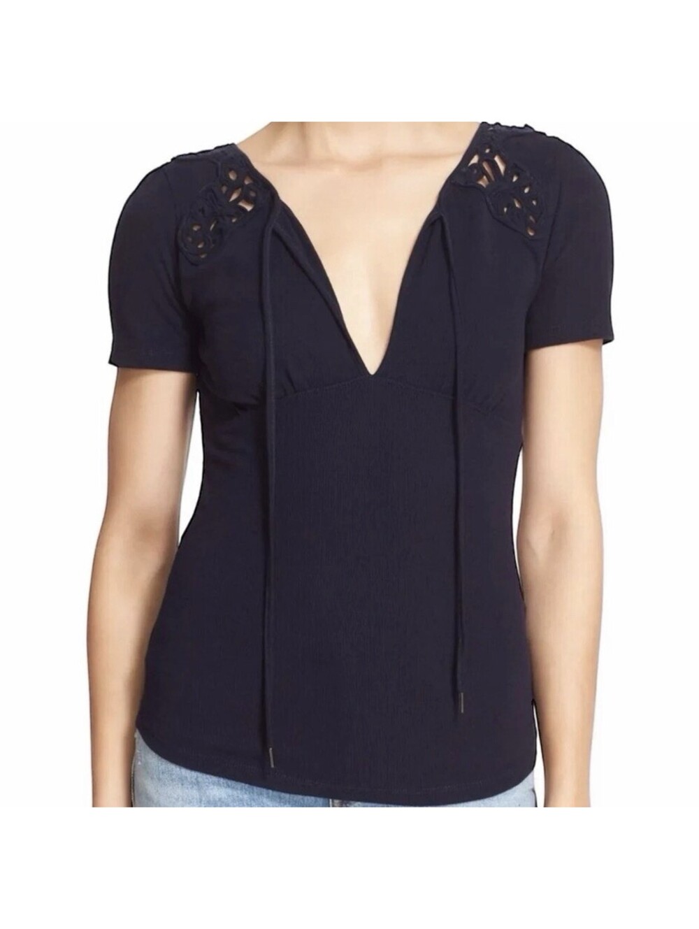 NWT Free People Blast From The Past Macrame Cutout Keyhole Top Indigo L